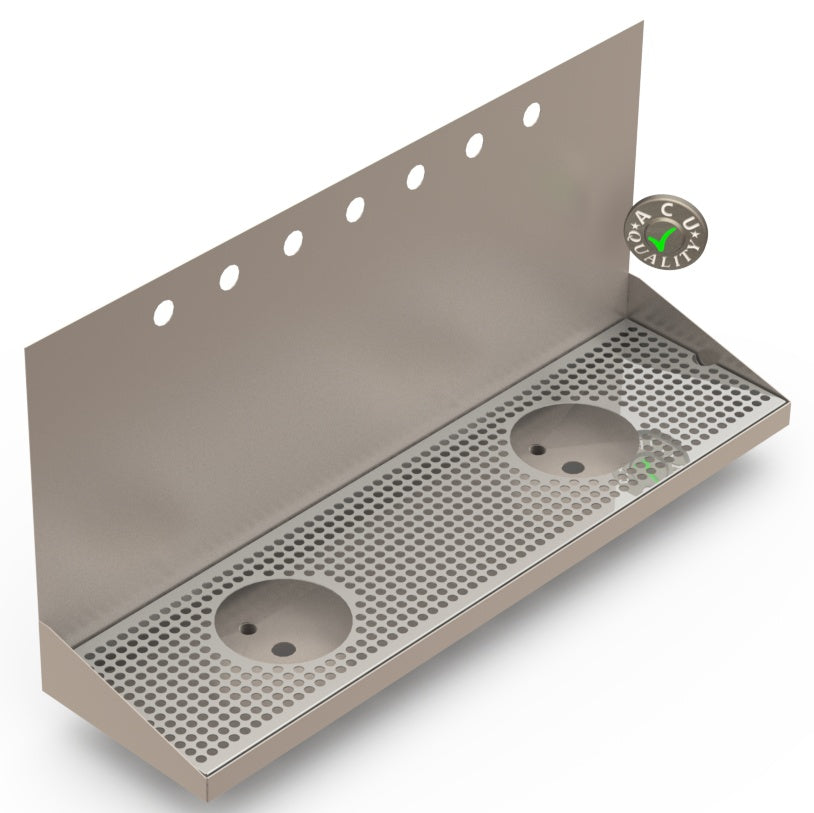 Wall Mount Drip Tray with Double Drains and Rinser Holes | 8" X 30" X 14" X 1" | Stainless Steel Mirror Finish | 7 Faucet Holes - ACU Precision Sheet Metal