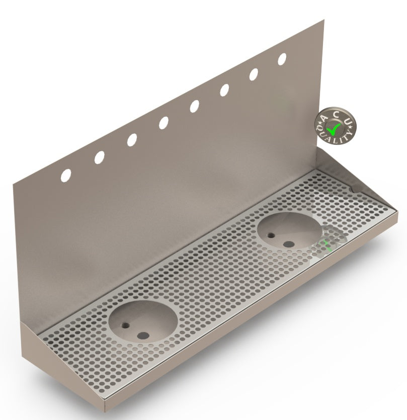 Wall Mount Drip Tray with Double Drains and Rinser Holes | 8" X 30" X 14" X 1" | Stainless Steel Mirror Finish | 8 Faucet Holes - ACU Precision Sheet Metal