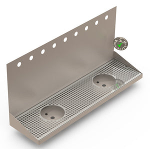 Wall Mount Drip Tray with Double Drains and Rinser Holes | 8" X 30" X 14" X 1" | Stainless Steel Mirror Finish | 9 Faucet Holes - ACU Precision Sheet Metal