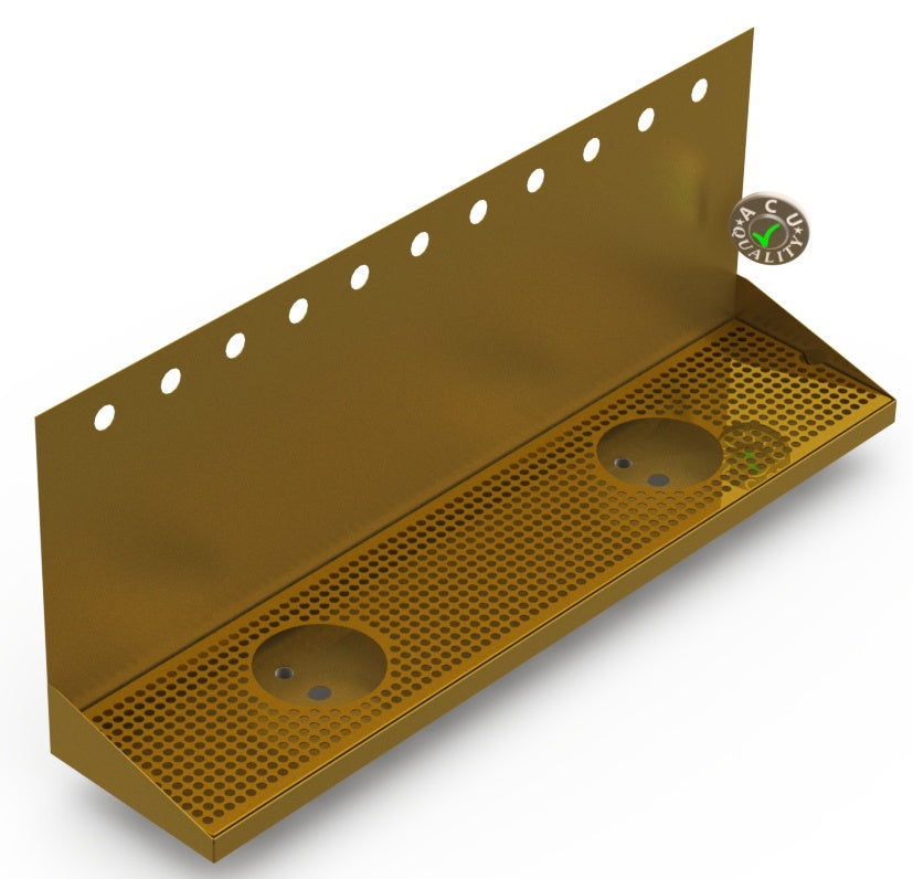 Wall Mount Drip Tray with Double Drains and Rinser Holes | 8" X 36" X 14" X 1" | Brass | 11 Faucet Holes - ACU Precision Sheet Metal