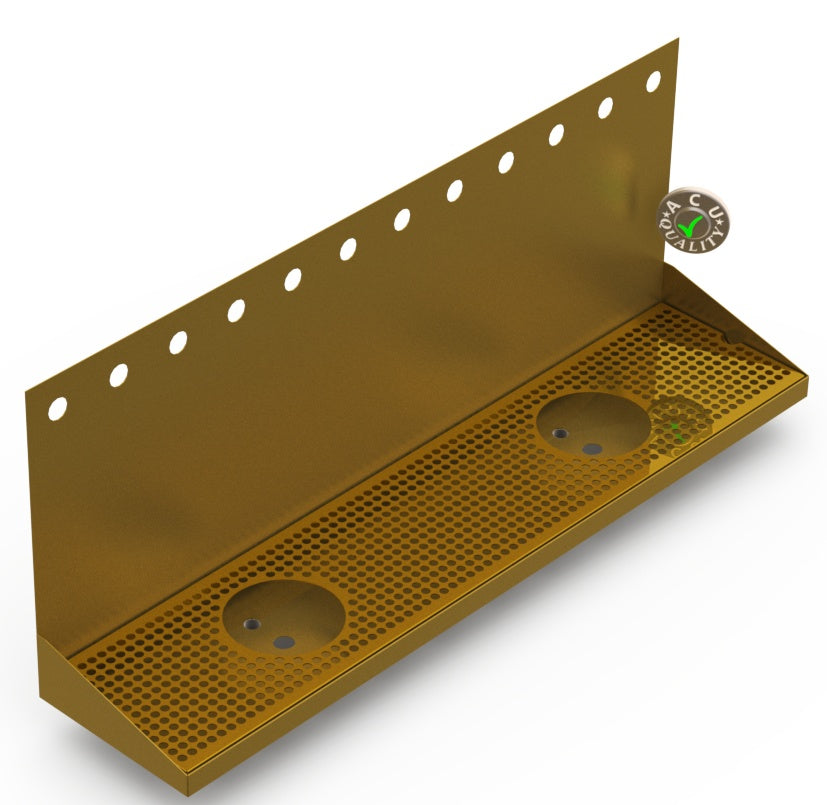 Wall Mount Drip Tray with Double Drains and Rinser Holes | 8" X 36" X 14" X 1" | Brass | 12 Faucet Holes - ACU Precision Sheet Metal