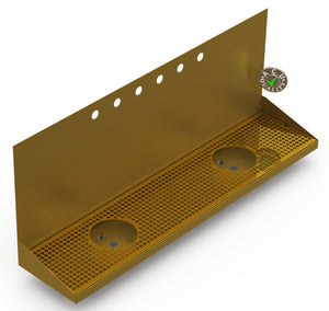 Wall Mount Drip Tray with Double Drains and Rinser Holes | 8" X 36" X 14" X 1" | Brass | 6 Faucet Holes - ACU Precision Sheet Metal