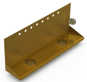 Wall Mount Drip Tray with Double Drains and Rinser Holes | 8" X 36" X 14" X 1" | Brass | 8 Faucet Holes - ACU Precision Sheet Metal