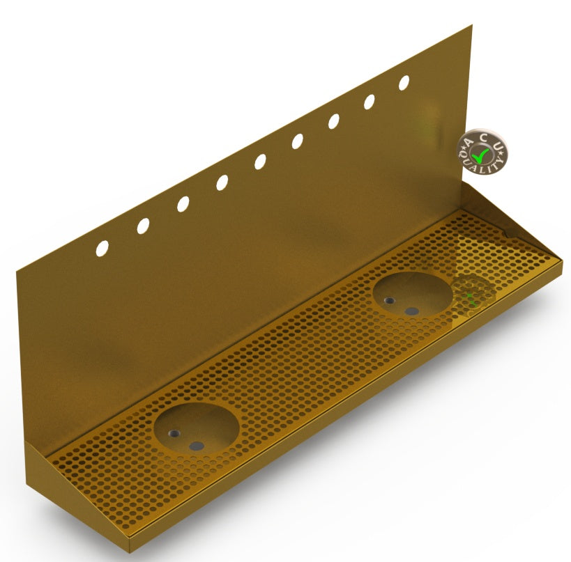 Wall Mount Drip Tray with Double Drains and Rinser Holes | 8" X 36" X 14" X 1" | Brass | 9 Faucet Holes - ACU Precision Sheet Metal