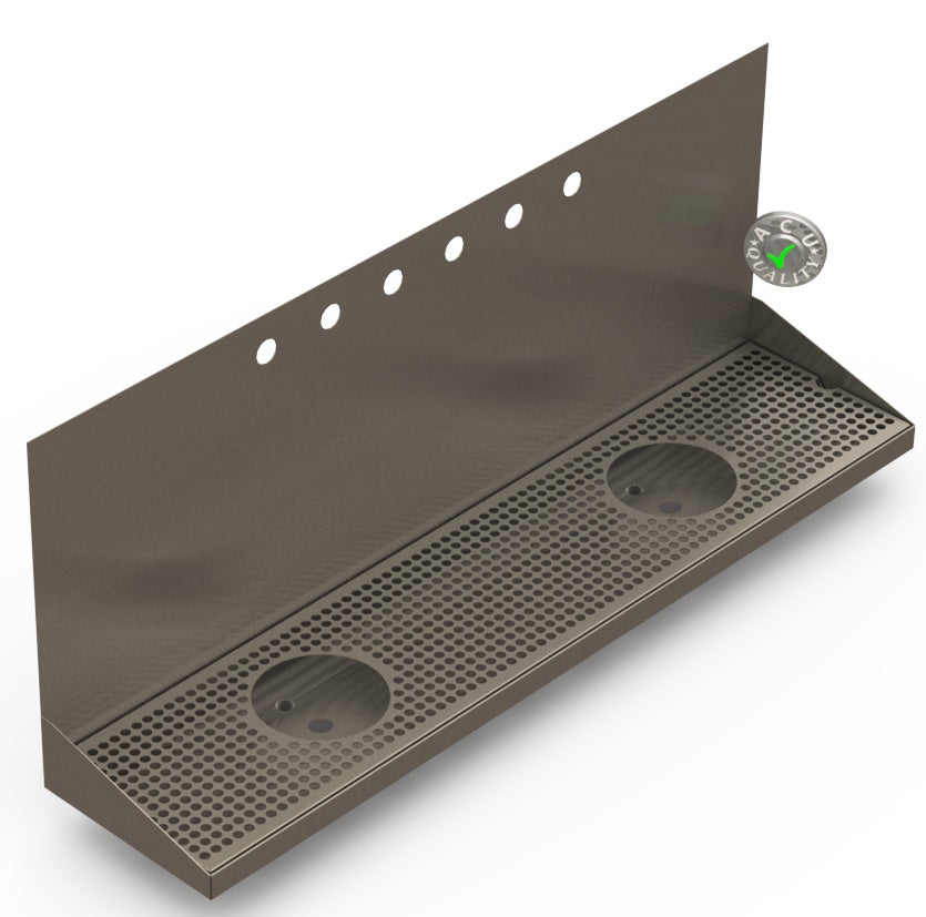 Wall Mount Drip Tray with Double Drains and Rinser Holes | 8" X 36" X 14" X 1" | S/S # 4 | 6 Faucet Holes - ACU Precision Sheet Metal