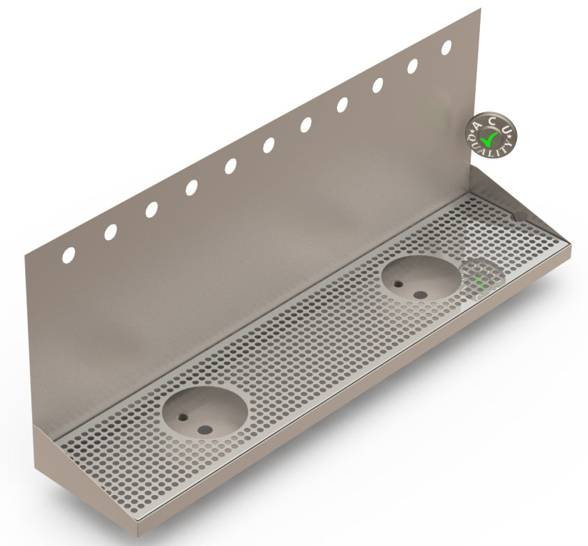 Wall Mount Drip Tray with Double Drains and Rinser Holes | 8" X 36" X 14" X 1" | Stainless Steel Mirror Finish | 11 Faucet Holes - ACU Precision Sheet Metal
