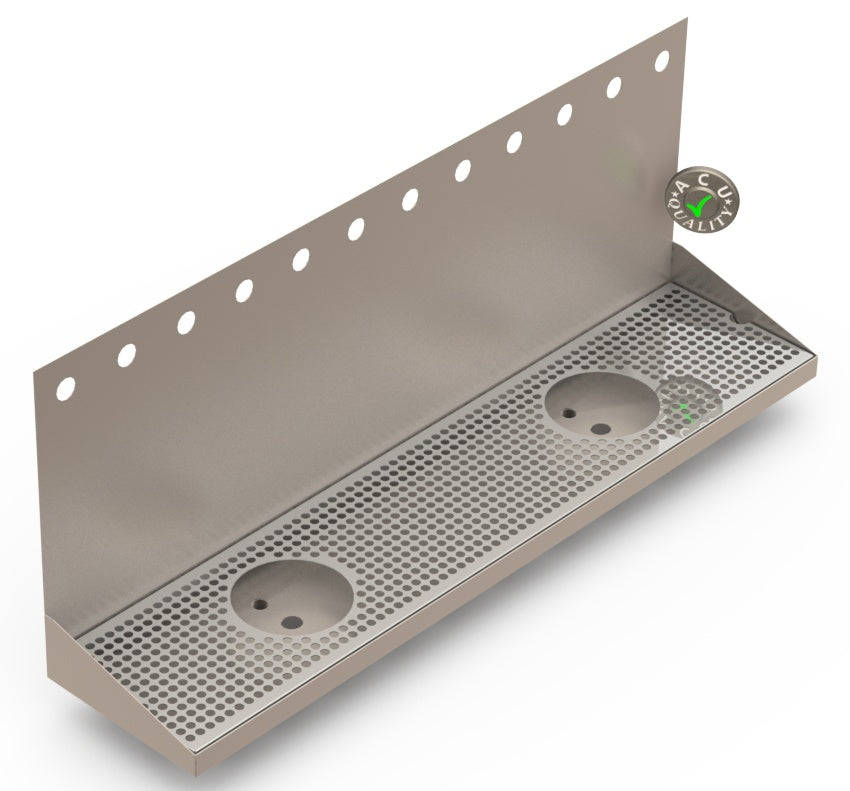Wall Mount Drip Tray with Double Drains and Rinser Holes | 8" X 36" X 14" X 1" | Stainless Steel Mirror Finish | 12 Faucet Holes - ACU Precision Sheet Metal