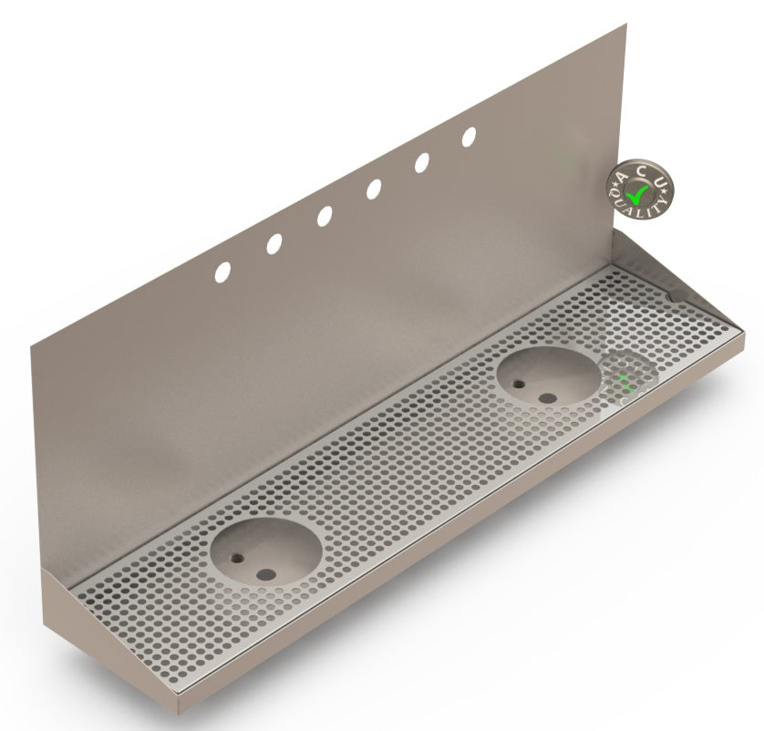 Wall Mount Drip Tray with Double Drains and Rinser Holes | 8" X 36" X 14" X 1" | Stainless Steel Mirror Finish | 6 Faucet Holes - ACU Precision Sheet Metal