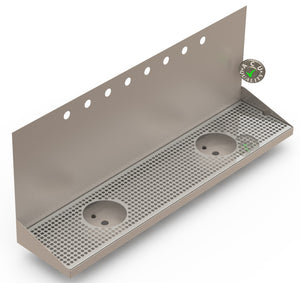 Wall Mount Drip Tray with Double Drains and Rinser Holes | 8" X 36" X 14" X 1" | Stainless Steel Mirror Finish | 8 Faucet Holes - ACU Precision Sheet Metal