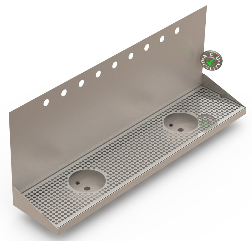 Wall Mount Drip Tray with Double Drains and Rinser Holes | 8" X 36" X 14" X 1" | Stainless Steel Mirror Finish | 9 Faucet Holes - ACU Precision Sheet Metal
