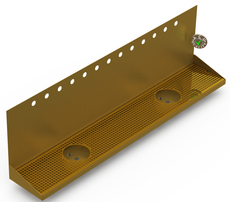 Wall Mount Drip Tray with Double Drains and Rinser Holes | 8" X 48" X 14" X 1" | Brass | 13 Faucet Holes - ACU Precision Sheet Metal