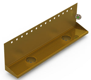 Wall Mount Drip Tray with Double Drains and Rinser Holes | 8" X 48" X 14" X 1" | Brass | 14 Faucet Holes - ACU Precision Sheet Metal