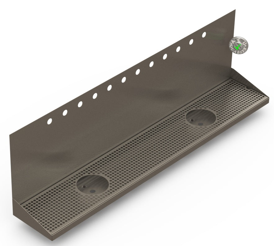 Wall Mount Drip Tray with Double Drains and Rinser Holes | 8" X 48" X 14" X 1" | S/S # 4 | 12 Faucet Holes - ACU Precision Sheet Metal