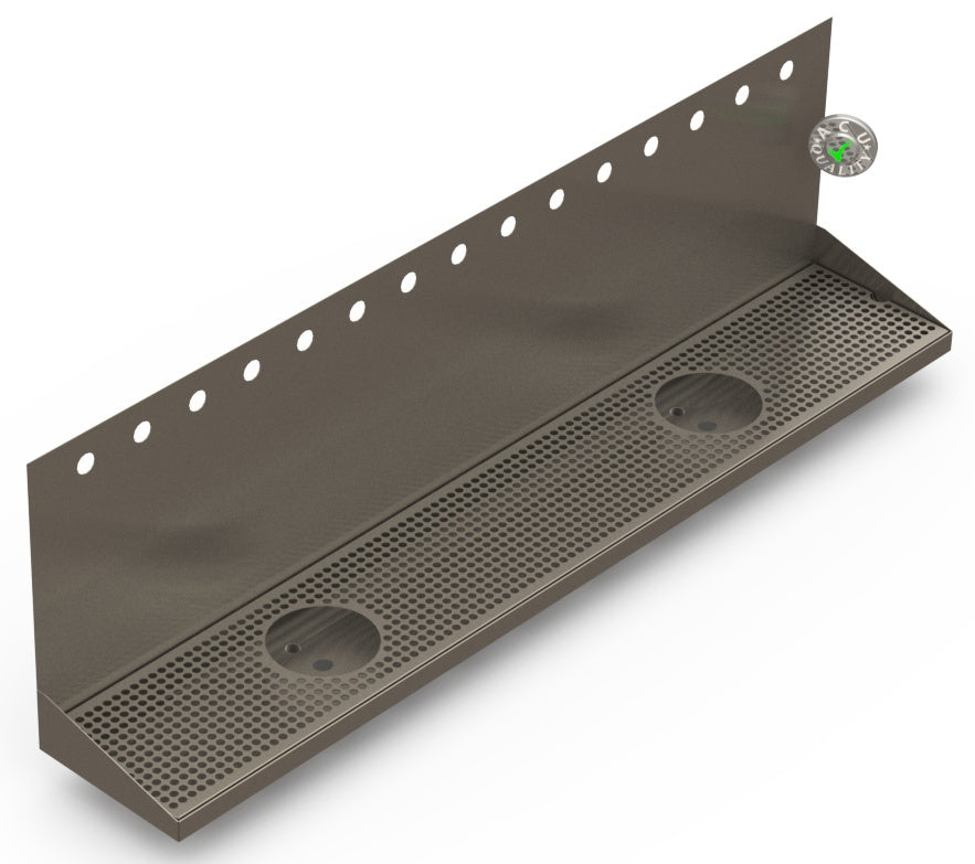 Wall Mount Drip Tray with Double Drains and Rinser Holes | 8" X 48" X 14" X 1" | S/S # 4 | 15 Faucet Holes - ACU Precision Sheet Metal
