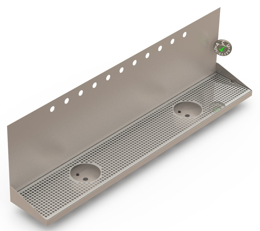 Wall Mount Drip Tray with Double Drains and Rinser Holes | 8" X 48" X 14" X 1" | Stainless Steel Mirror Finish | 11 Faucet Holes - ACU Precision Sheet Metal