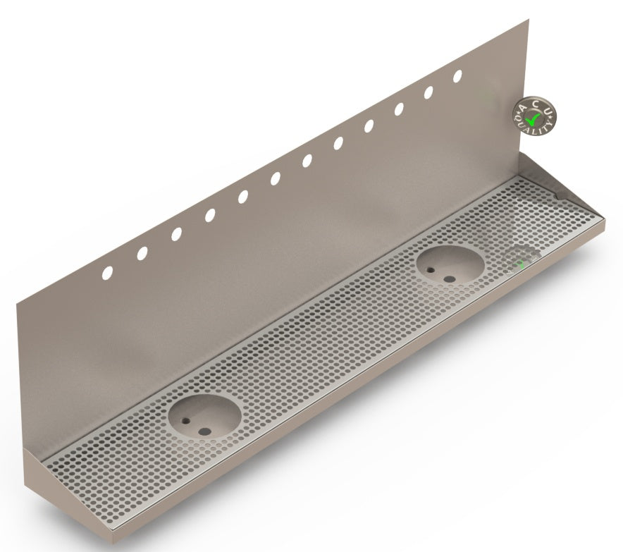 Wall Mount Drip Tray with Double Drains and Rinser Holes | 8" X 48" X 14" X 1" | Stainless Steel Mirror Finish | 12 Faucet Holes - ACU Precision Sheet Metal