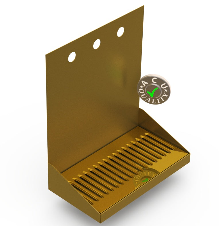 Wall Mount Drip Tray with Drain | 6-3/8" X 12" X 14" X 1" | Brass | 3 Faucet Holes - ACU Precision Sheet Metal