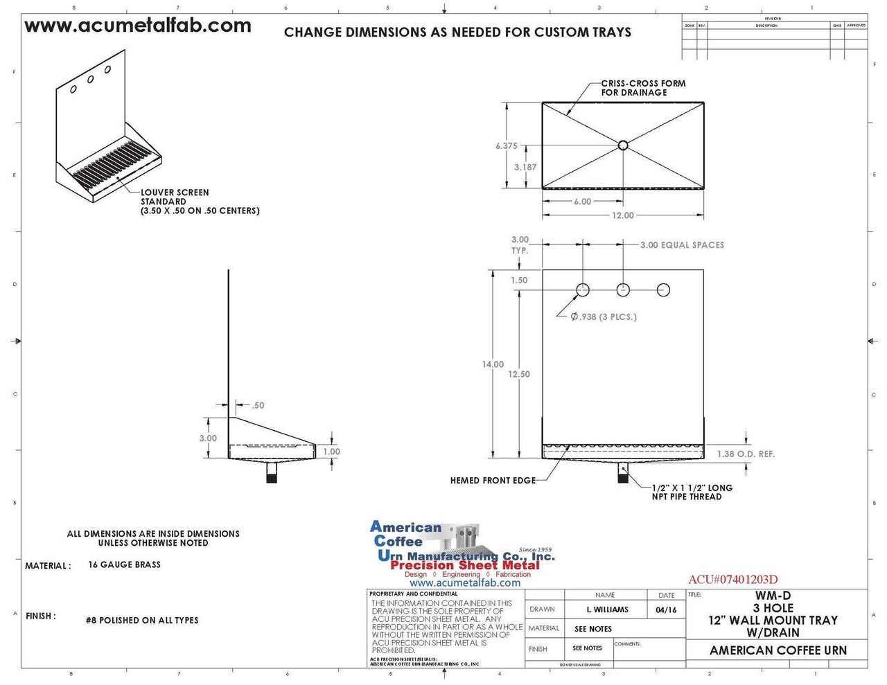 Wall Mount Drip Tray with Drain | 6-3/8" X 12" X 14" X 1" | Brass | 3 Faucet Holes - ACU Precision Sheet Metal