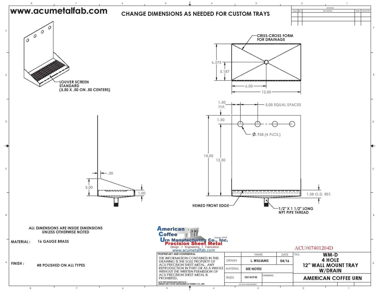 Wall Mount Drip Tray with Drain | 6-3/8" X 12" X 14" X 1" | Brass | 4 Faucet Holes - ACU Precision Sheet Metal