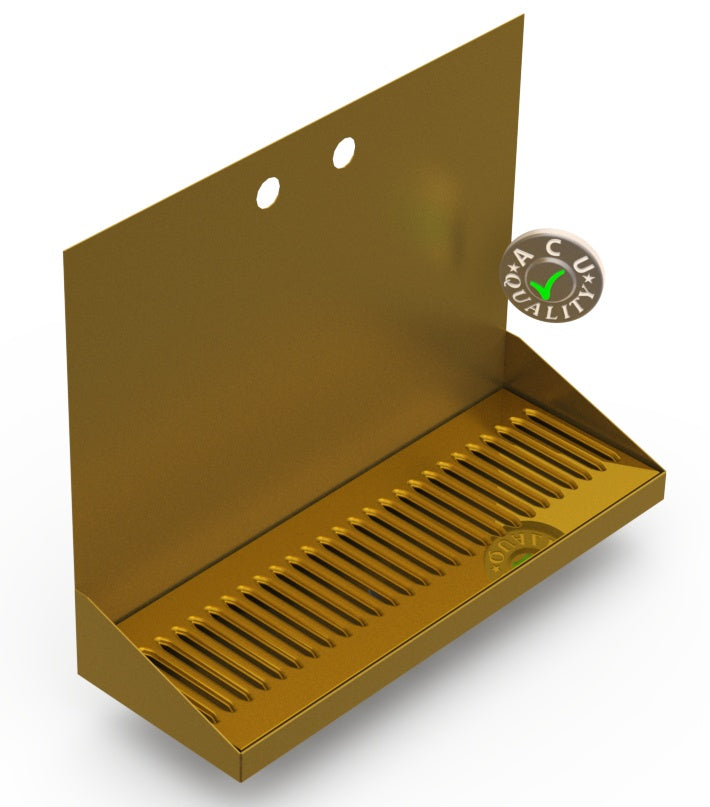 Wall Mount Drip Tray with Drain | 6-3/8" X 18" X 14" X 1" | Brass | 2 Faucet Holes - ACU Precision Sheet Metal