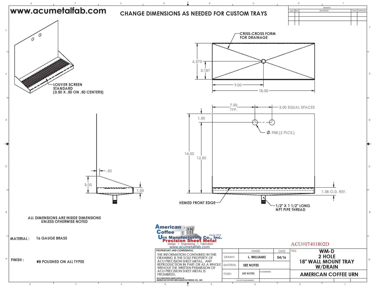 Wall Mount Drip Tray with Drain | 6-3/8" X 18" X 14" X 1" | Brass | 2 Faucet Holes - ACU Precision Sheet Metal