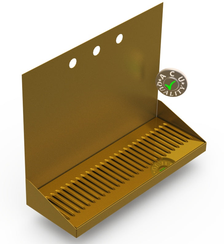 Wall Mount Drip Tray with Drain | 6-3/8" X 18" X 14" X 1" | Brass | 3 Faucet Holes - ACU Precision Sheet Metal