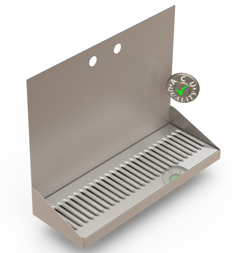 Wall Mount Drip Tray with Drain | 6-3/8" X 18" X 14" X 1" | Stainless Steel Mirror Finish | 2 Faucet Holes - ACU Precision Sheet Metal