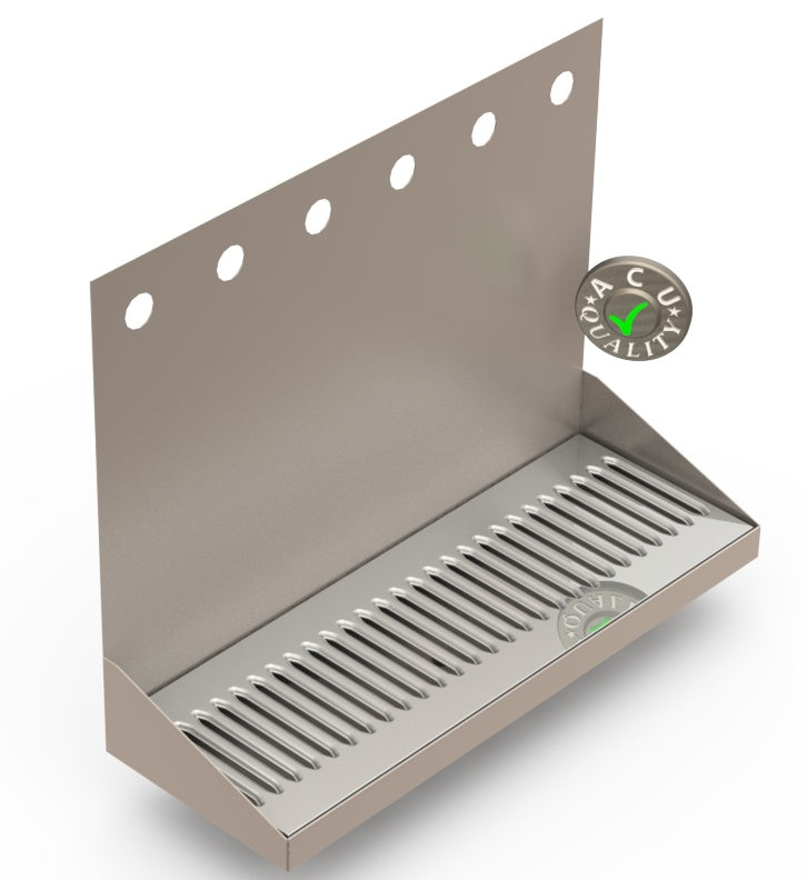 Wall Mount Drip Tray with Drain | 6-3/8" X 18" X 14" X 1" | Stainless Steel Mirror Finish | 6 Faucet Holes - ACU Precision Sheet Metal