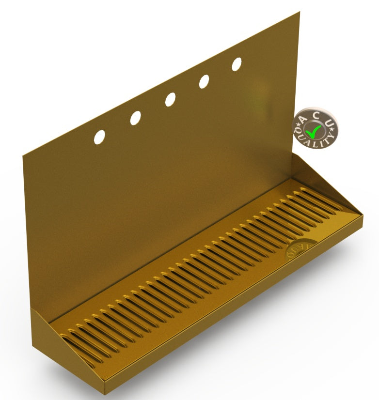 Wall Mount Drip Tray with Drain | 6-3/8" X 24" X 14" X 1" | Brass | 5 Faucet Holes - ACU Precision Sheet Metal