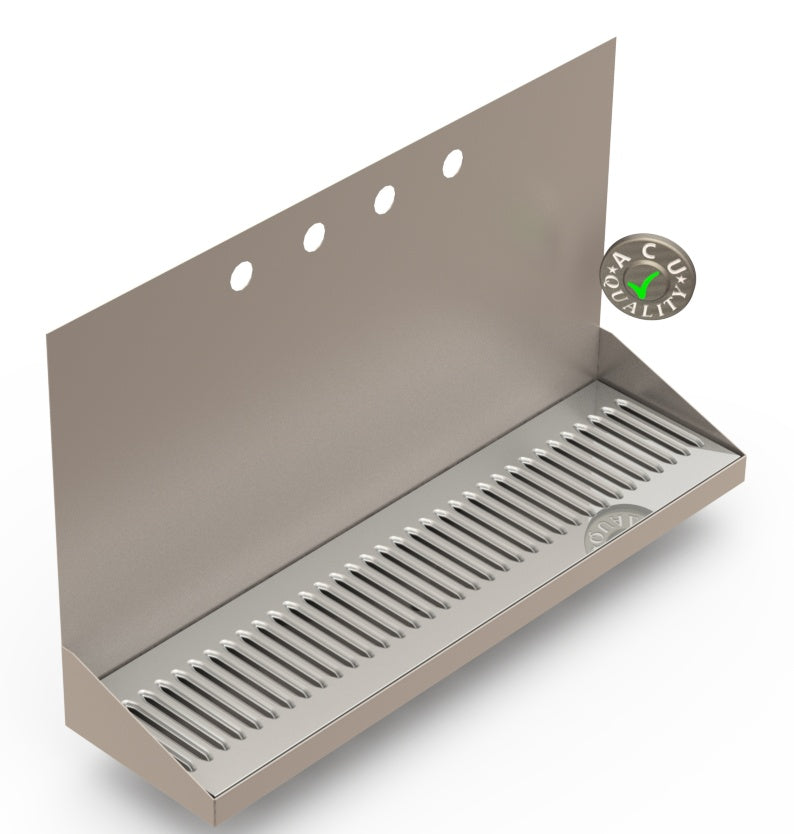 Wall Mount Drip Tray with Drain | 6-3/8" X 24" X 14" X 1" | Stainless Steel Mirror Finish | 4 Faucet Holes - ACU Precision Sheet Metal