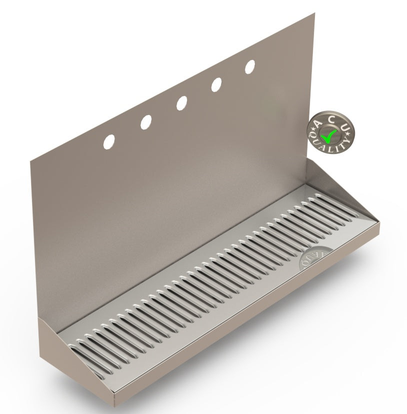 Wall Mount Drip Tray with Drain | 6-3/8" X 24" X 14" X 1" | Stainless Steel Mirror Finish | 5 Faucet Holes - ACU Precision Sheet Metal