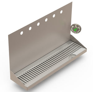 Wall Mount Drip Tray with Drain | 6-3/8" X 24" X 14" X 1" | Stainless Steel Mirror Finish | 6 Faucet Holes - ACU Precision Sheet Metal