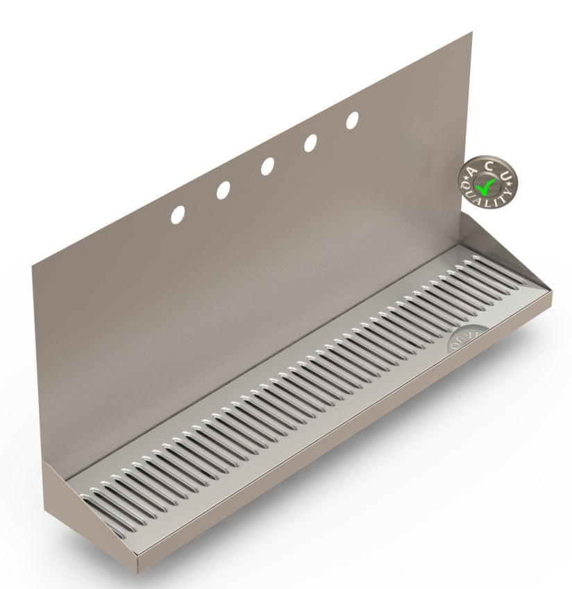 Wall Mount Drip Tray with Drain | 6-3/8" X 30" X 14" X 1" | Stainless Steel Mirror Finish | 5 Faucet Holes - ACU Precision Sheet Metal