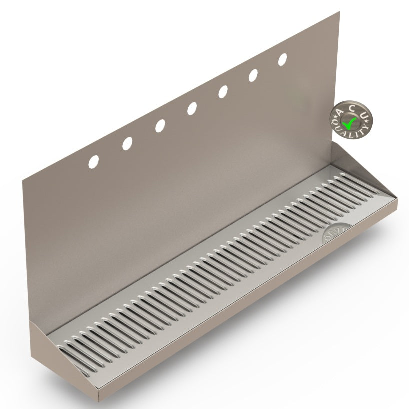 Wall Mount Drip Tray with Drain | 6-3/8" X 30" X 14" X 1" | Stainless Steel Mirror Finish | 7 Faucet Holes - ACU Precision Sheet Metal