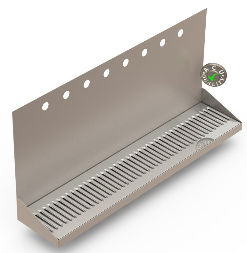 Wall Mount Drip Tray with Drain | 6-3/8" X 30" X 14" X 1" | Stainless Steel Mirror Finish | 8 Faucet Holes - ACU Precision Sheet Metal