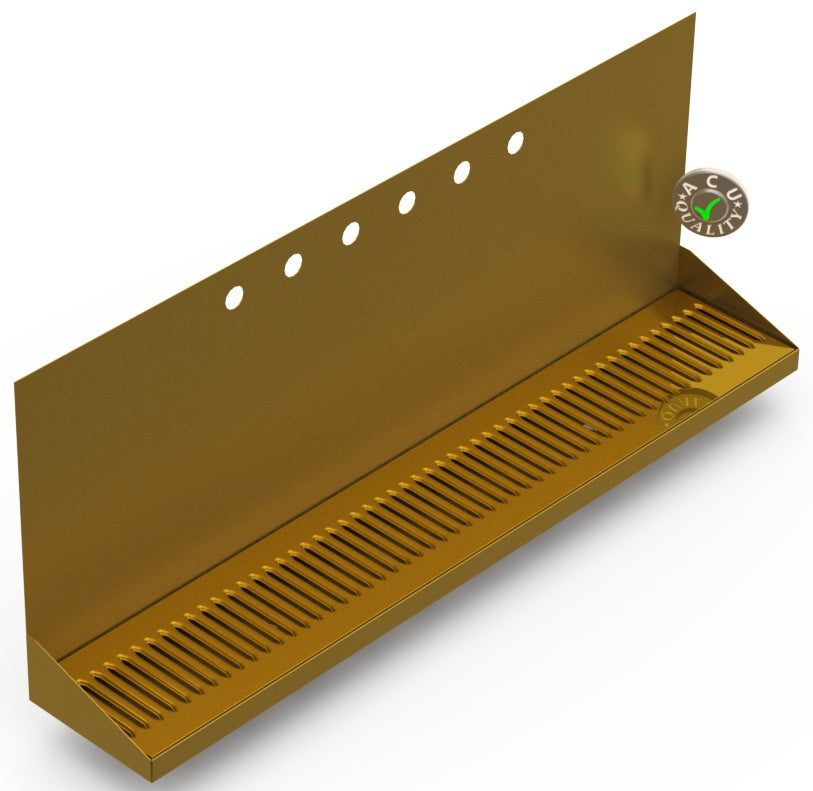 Wall Mount Drip Tray with Drain | 6-3/8" X 36" X 14" X 1" | Brass | 6 Faucet Holes - ACU Precision Sheet Metal