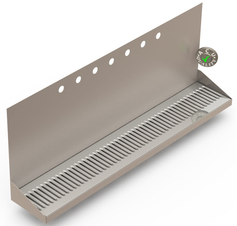Wall Mount Drip Tray with Drain | 6-3/8" X 36" X 14" X 1" | Stainless Steel Mirror Finish | 7 Faucet Holes - ACU Precision Sheet Metal