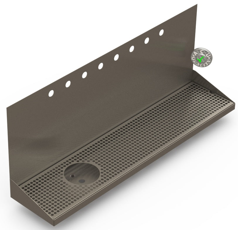 Wall Mount Drip Tray with Drain and Left Rinser Hole | 8" X 36" X 14" X 1" | S/S # 4 | 8 Faucet Holes - ACU Precision Sheet Metal