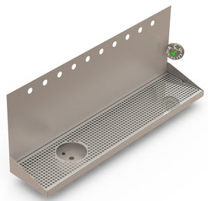 Wall Mount Drip Tray with Drain and Left Rinser Hole | 8" X 36" X 14" X 1" | Stainless Steel Mirror Finish | 10 Faucet Holes - ACU Precision Sheet Metal