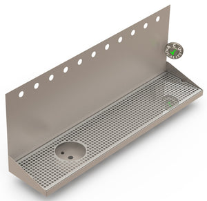 Wall Mount Drip Tray with Drain and Left Rinser Hole | 8" X 36" X 14" X 1" | Stainless Steel Mirror Finish | 11 Faucet Holes - ACU Precision Sheet Metal