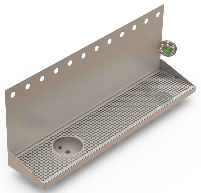 Wall Mount Drip Tray with Drain and Left Rinser Hole | 8" X 36" X 14" X 1" | Stainless Steel Mirror Finish | 12 Faucet Holes - ACU Precision Sheet Metal