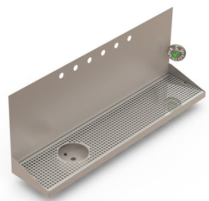Wall Mount Drip Tray with Drain and Left Rinser Hole | 8" X 36" X 14" X 1" | Stainless Steel Mirror Finish | 6 Faucet Holes - ACU Precision Sheet Metal