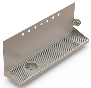 Wall Mount Drip Tray with Drain and Left Rinser Hole | 8" X 36" X 14" X 1" | Stainless Steel Mirror Finish | 7 Faucet Holes - ACU Precision Sheet Metal
