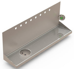 Wall Mount Drip Tray with Drain and Left Rinser Hole | 8" X 36" X 14" X 1" | Stainless Steel Mirror Finish | 8 Faucet Holes - ACU Precision Sheet Metal