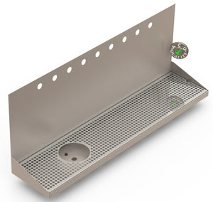 Wall Mount Drip Tray with Drain and Left Rinser Hole | 8" X 36" X 14" X 1" | Stainless Steel Mirror Finish | 9 Faucet Holes - ACU Precision Sheet Metal