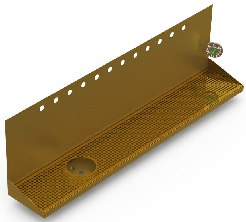 Wall Mount Drip Tray with Drain and Left Rinser Hole | 8" X 48" X 14" X 1" | Brass | 12 Faucet Holes - ACU Precision Sheet Metal