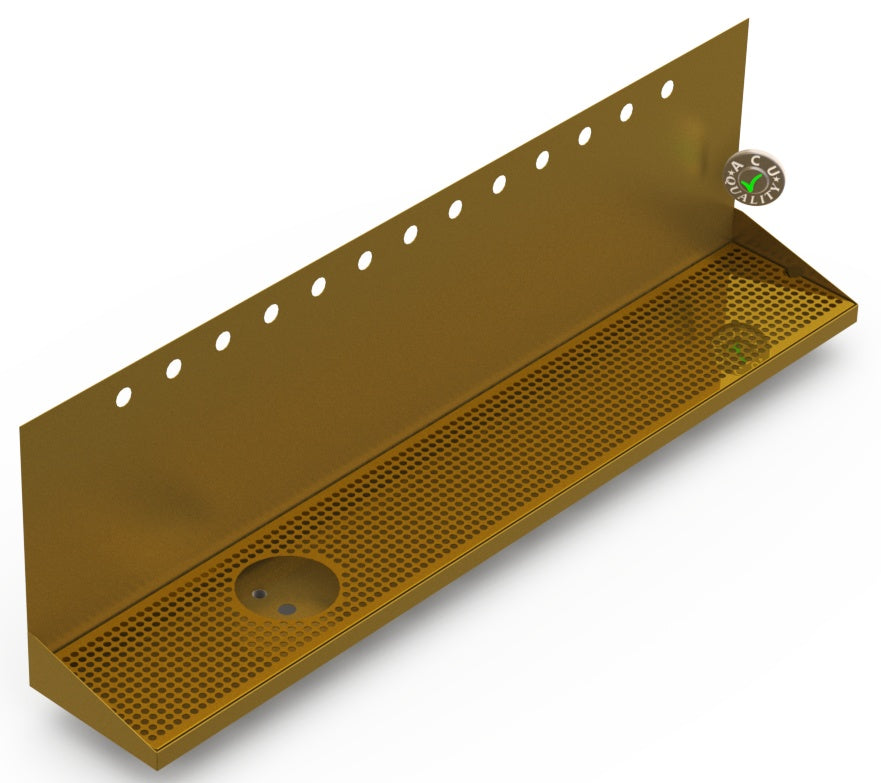 Wall Mount Drip Tray with Drain and Left Rinser Hole | 8" X 48" X 14" X 1" | Brass | 13 Faucet Holes - ACU Precision Sheet Metal