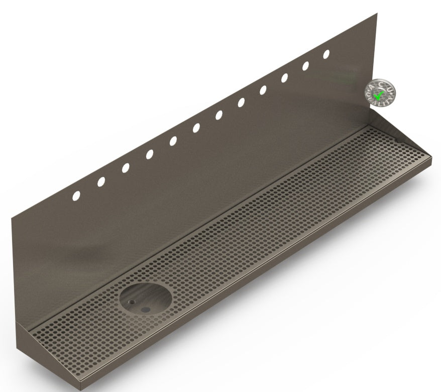 Wall Mount Drip Tray with Drain and Left Rinser Hole | 8" X 48" X 14" X 1" | S/S # 4 | 12 Faucet Holes - ACU Precision Sheet Metal