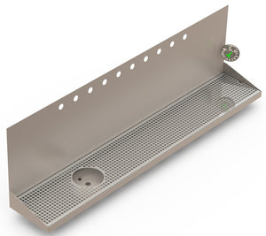Wall Mount Drip Tray with Drain and Left Rinser Hole | 8" X 48" X 14" X 1" | Stainless Steel Mirror Finish | 10 Faucet Holes - ACU Precision Sheet Metal
