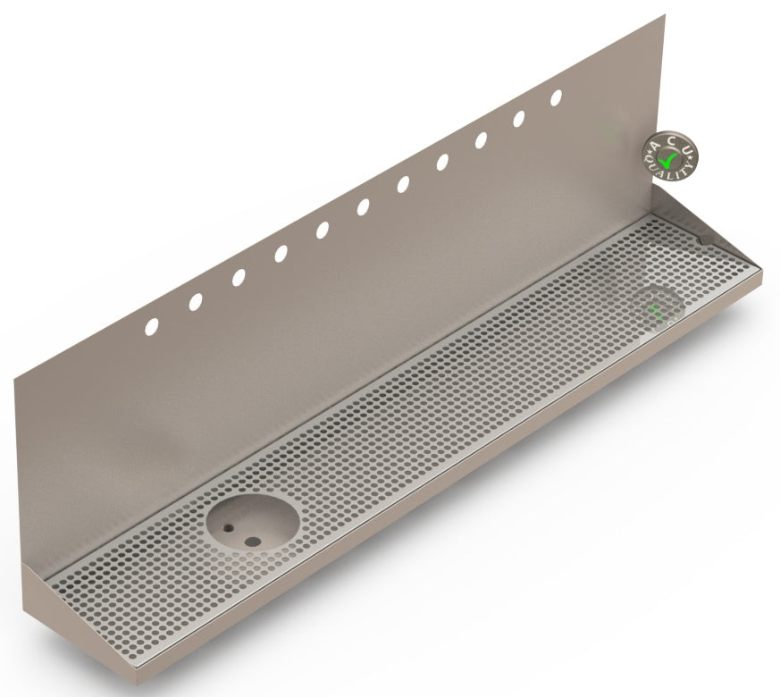 Wall Mount Drip Tray with Drain and Left Rinser Hole | 8" X 48" X 14" X 1" | Stainless Steel Mirror Finish | 11 Faucet Holes - ACU Precision Sheet Metal